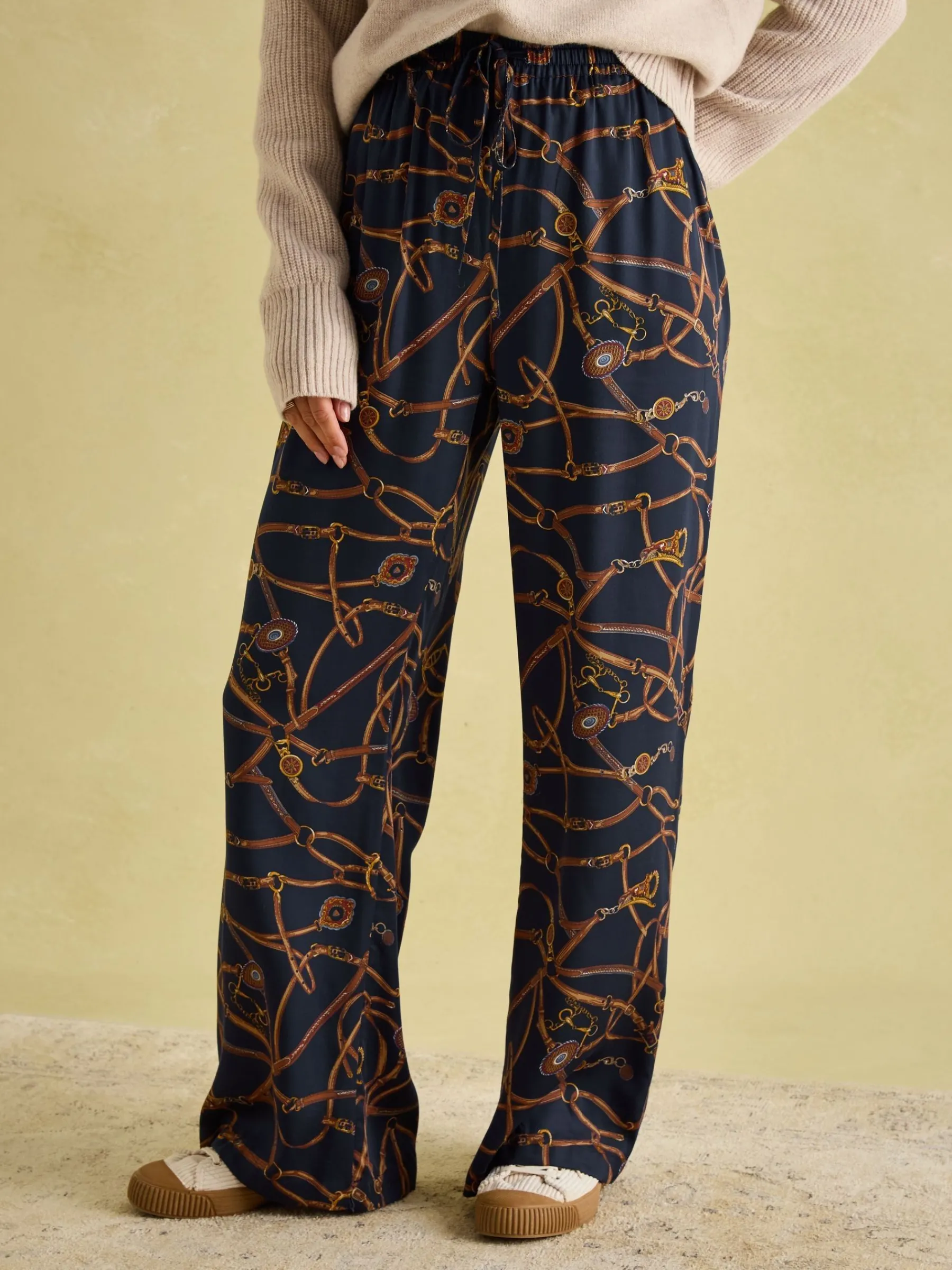 Navy Blue Bridle Wide Leg Printed Satin Trousers<Joules Online