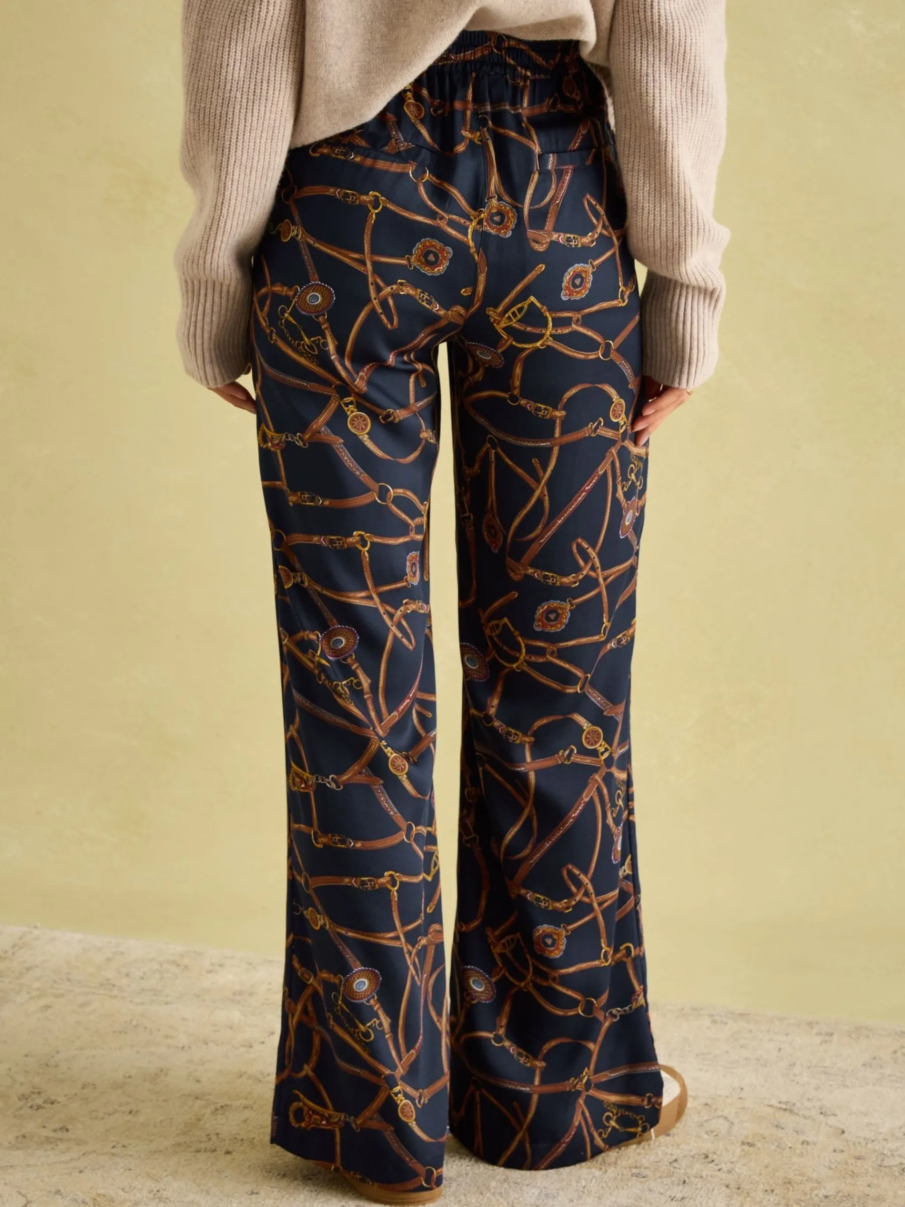 Navy Blue Bridle Wide Leg Printed Satin Trousers<Joules Online