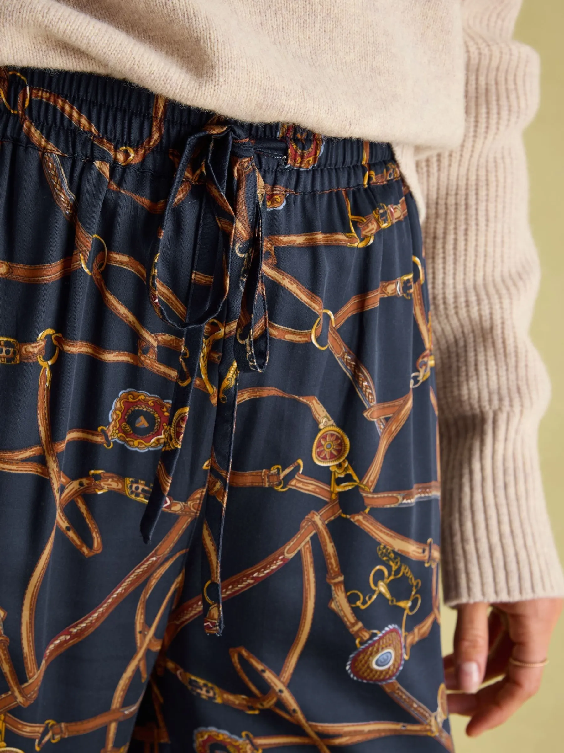Navy Blue Bridle Wide Leg Printed Satin Trousers<Joules Online