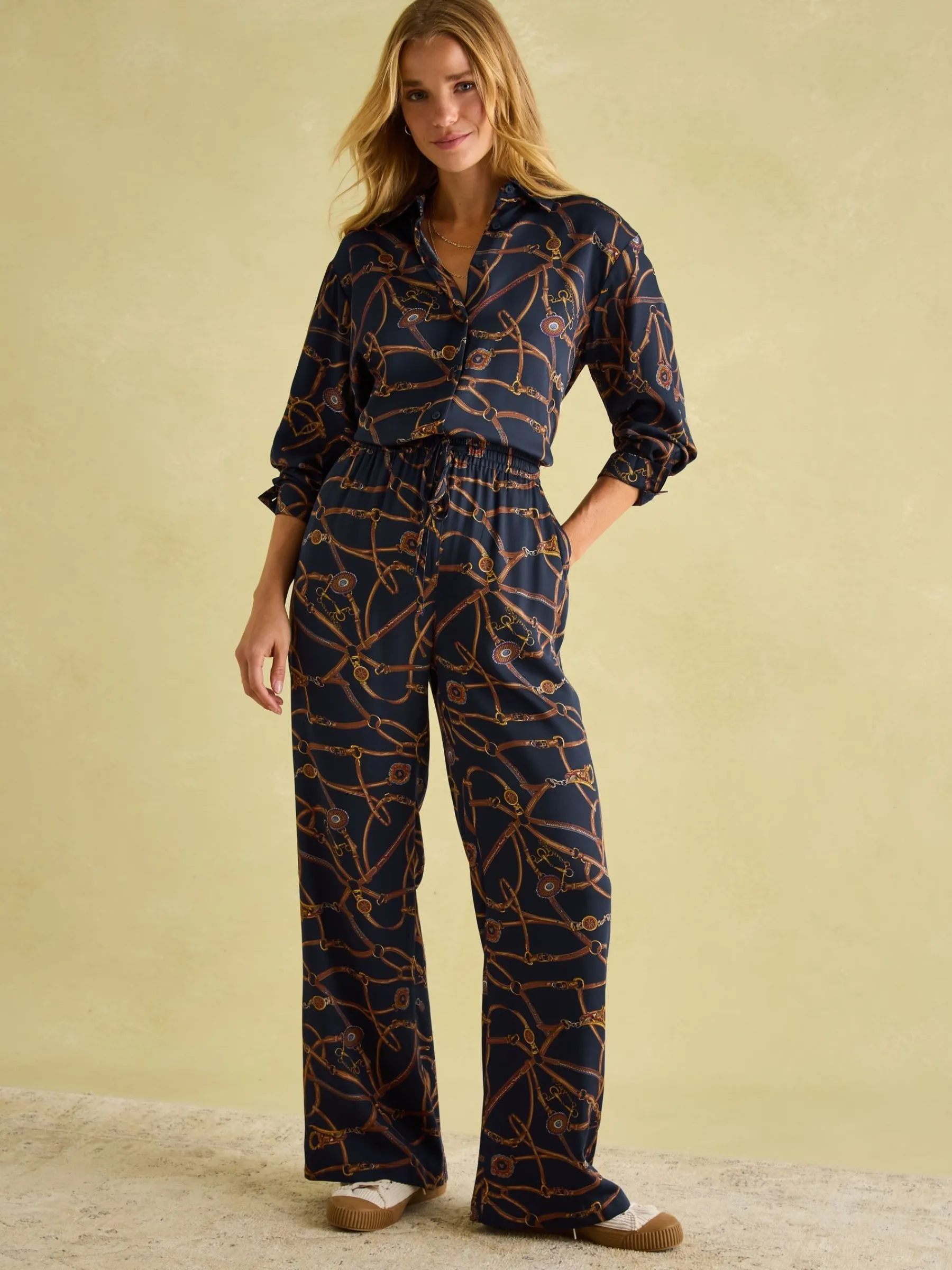 Navy Blue Bridle Wide Leg Printed Satin Trousers<Joules Online