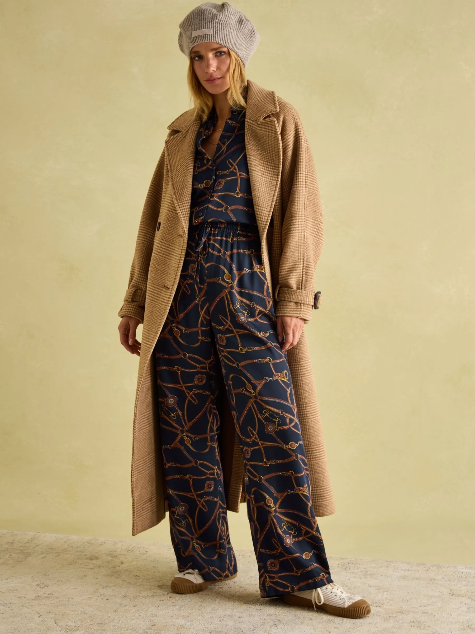 Navy Blue Bridle Wide Leg Printed Satin Trousers<Joules Online