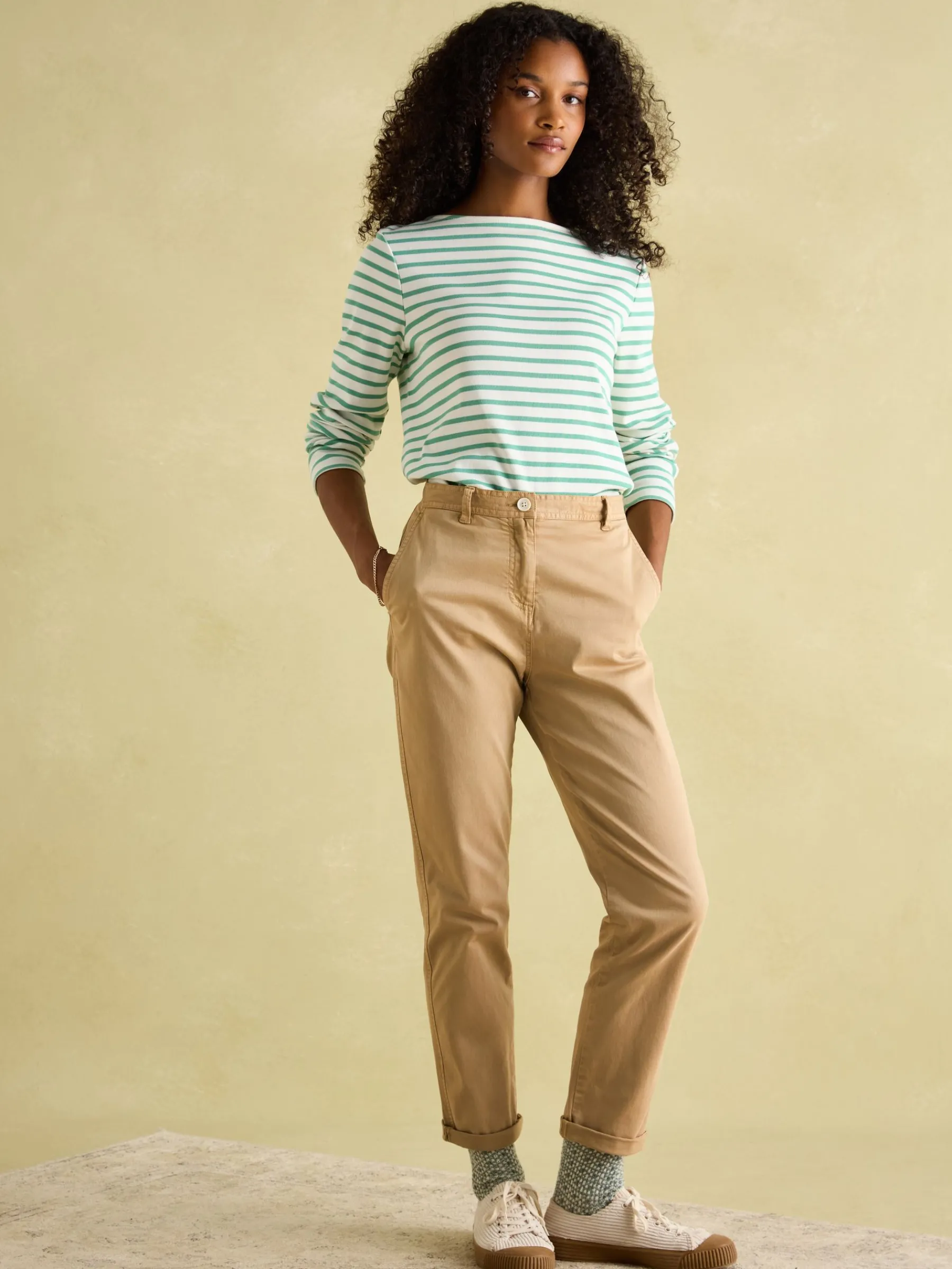 New Harbour Cream & Green Striped Boat Neck Breton Top<Joules New