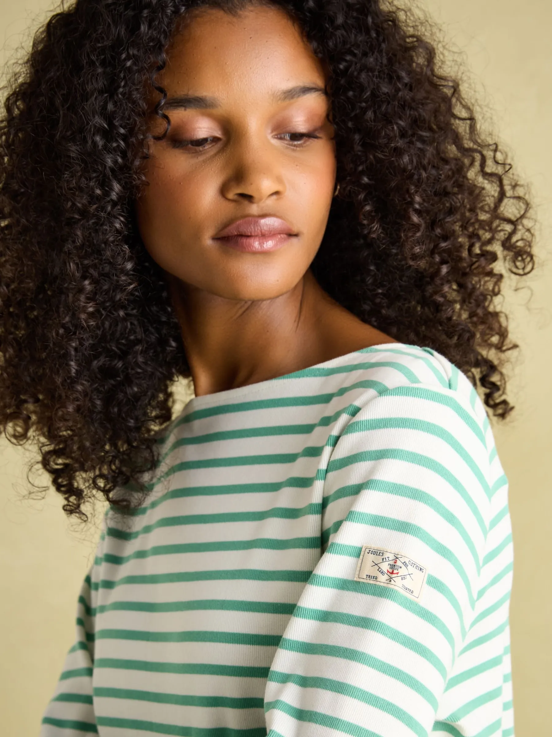 New Harbour Cream & Green Striped Boat Neck Breton Top<Joules New
