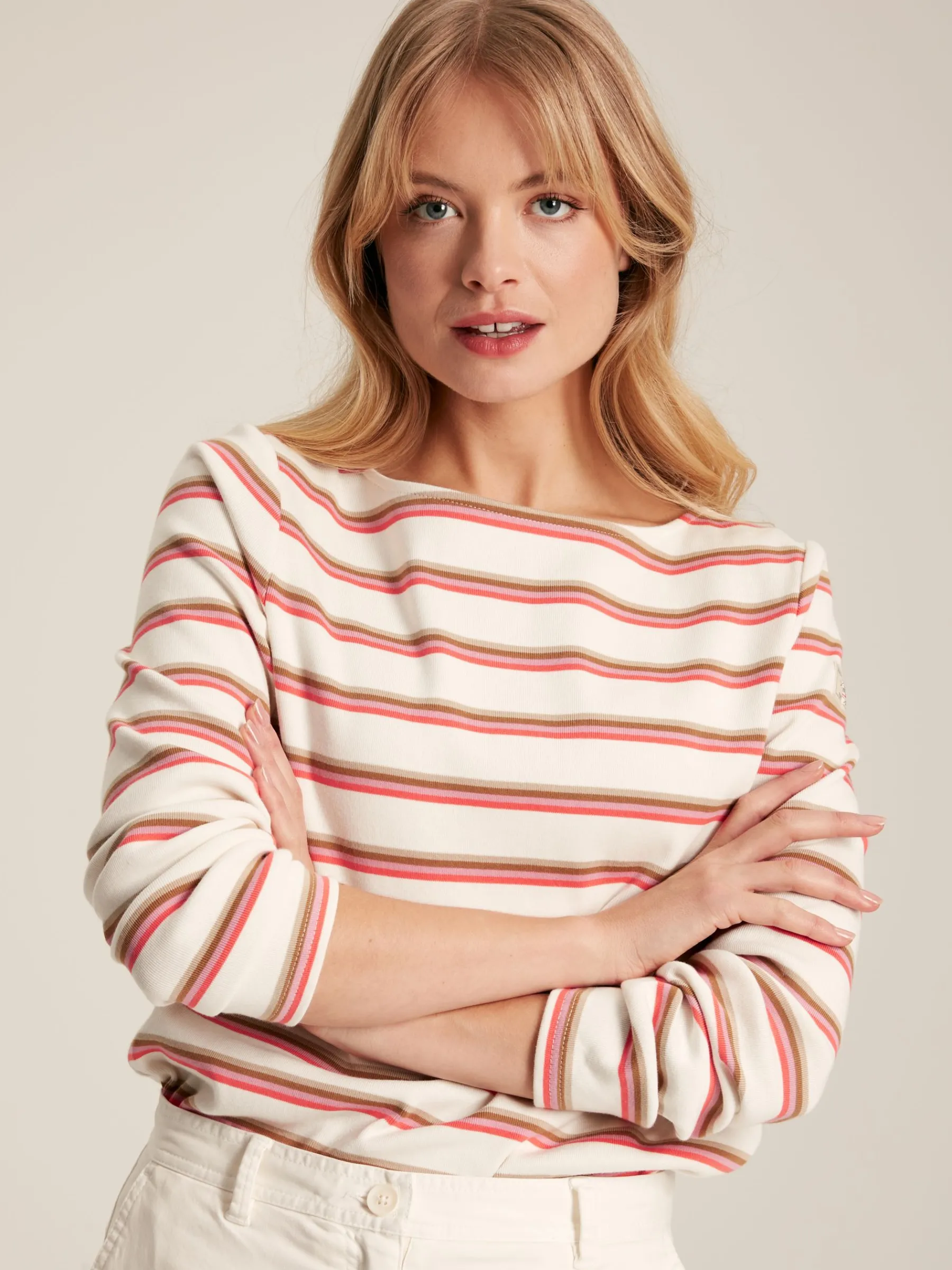 New Harbour Pink & Tan Striped Boat Neck Breton Top<Joules New