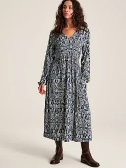 Nia Navy Blue Printed Long Sleeve Midaxi Dress With Pockets<Joules