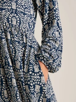 Nia Navy Blue Printed Long Sleeve Midaxi Dress With Pockets<Joules