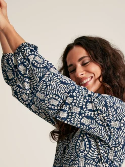Nia Navy Blue Printed Long Sleeve Midaxi Dress With Pockets<Joules