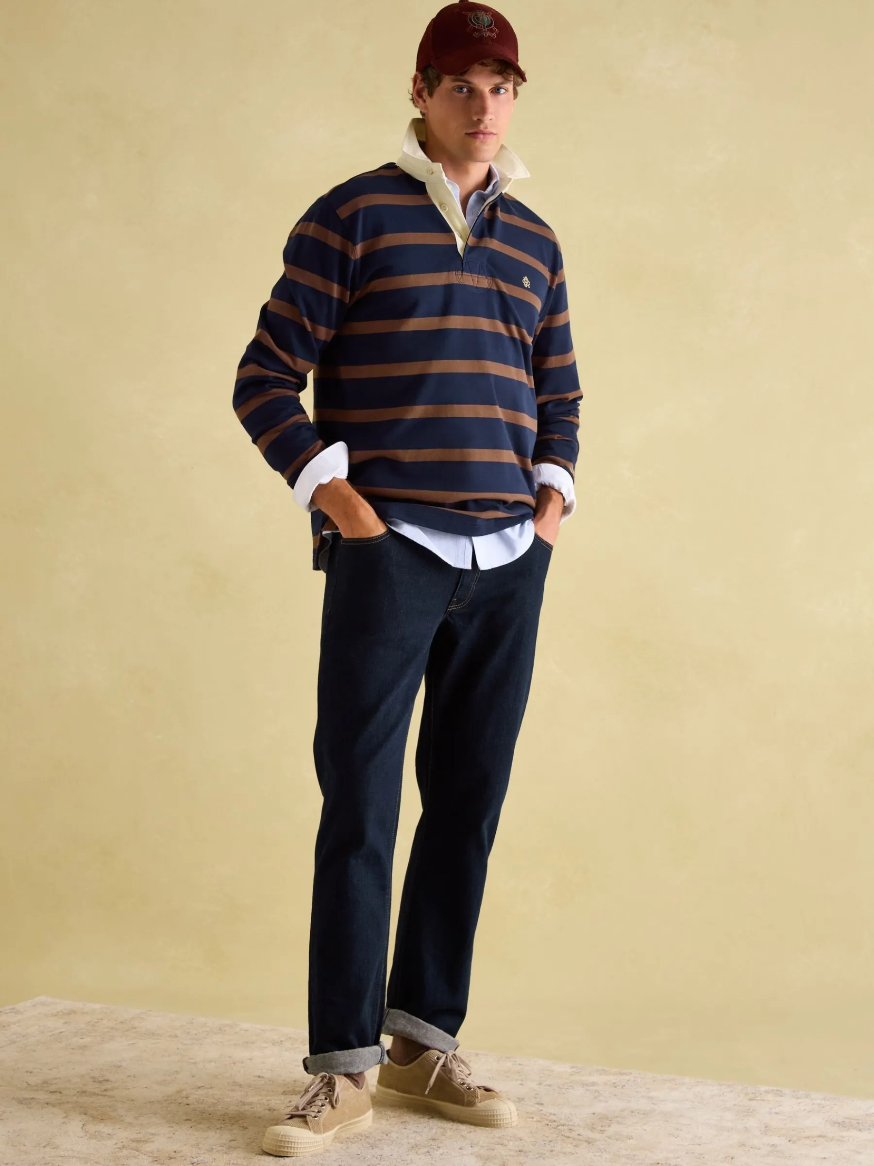 Onside Navy & Brown Striped Rugby Shirt<Joules Sale