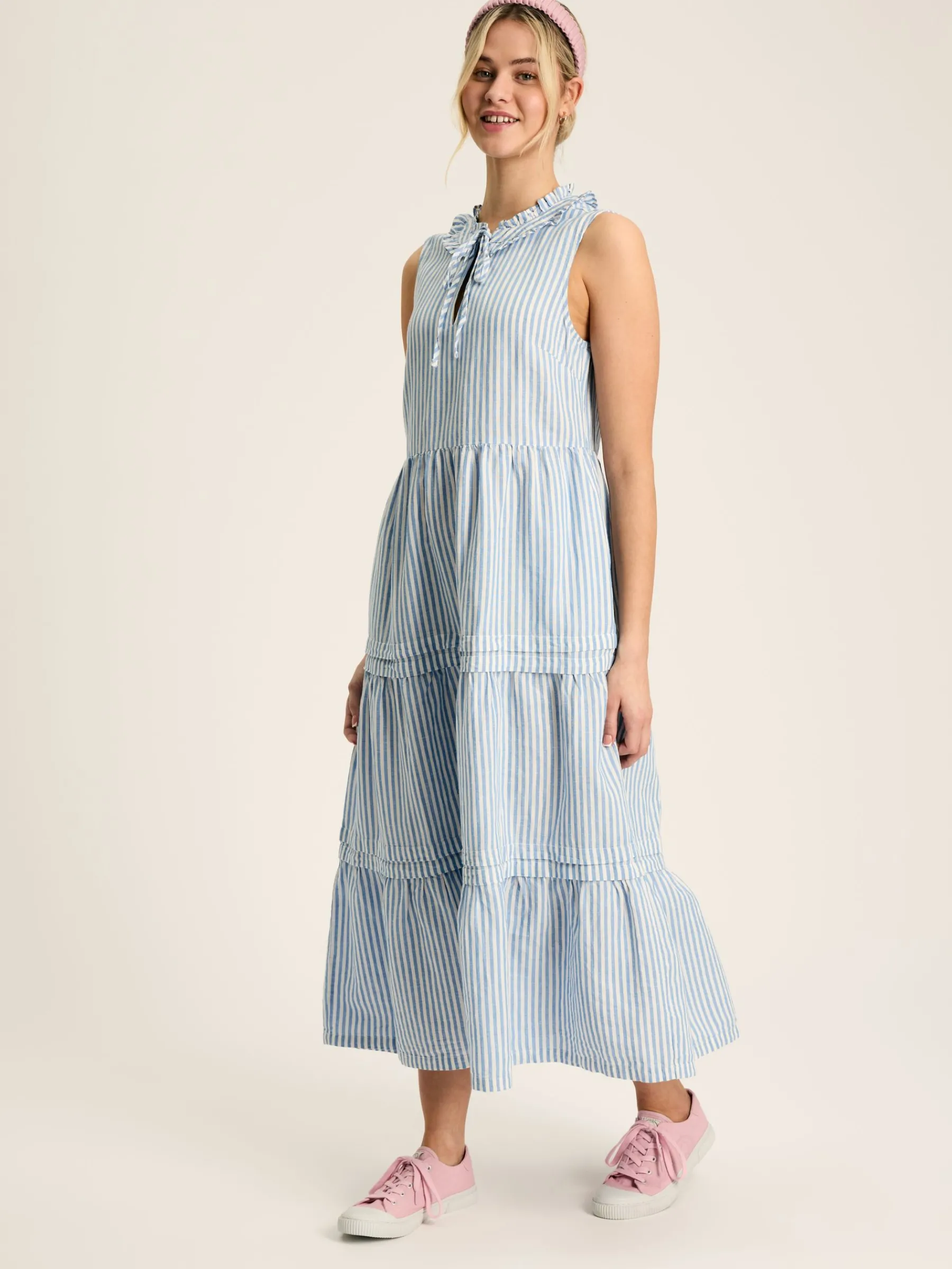 Ophelia Blue & White Sleeveless Tiered Dress<Joules New