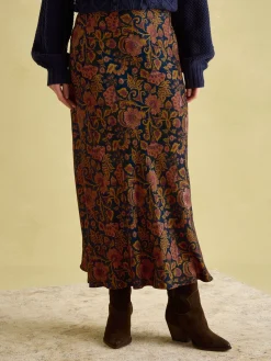 Penelope Navy Floral Satin Midi Skirt<Joules Outlet
