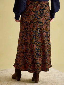 Penelope Navy Floral Satin Midi Skirt<Joules Outlet