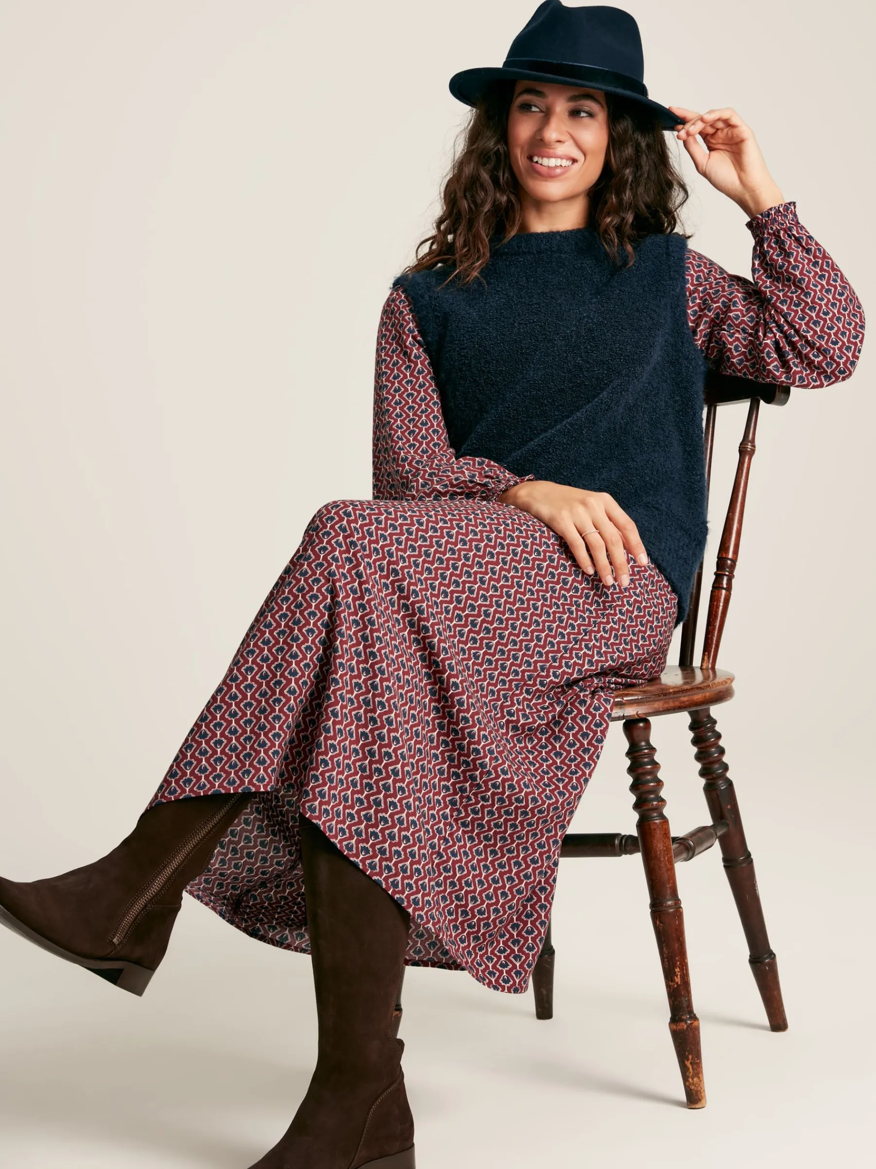 Robyn Burgundy Red Balloon Sleeve Midi Dress<Joules Sale
