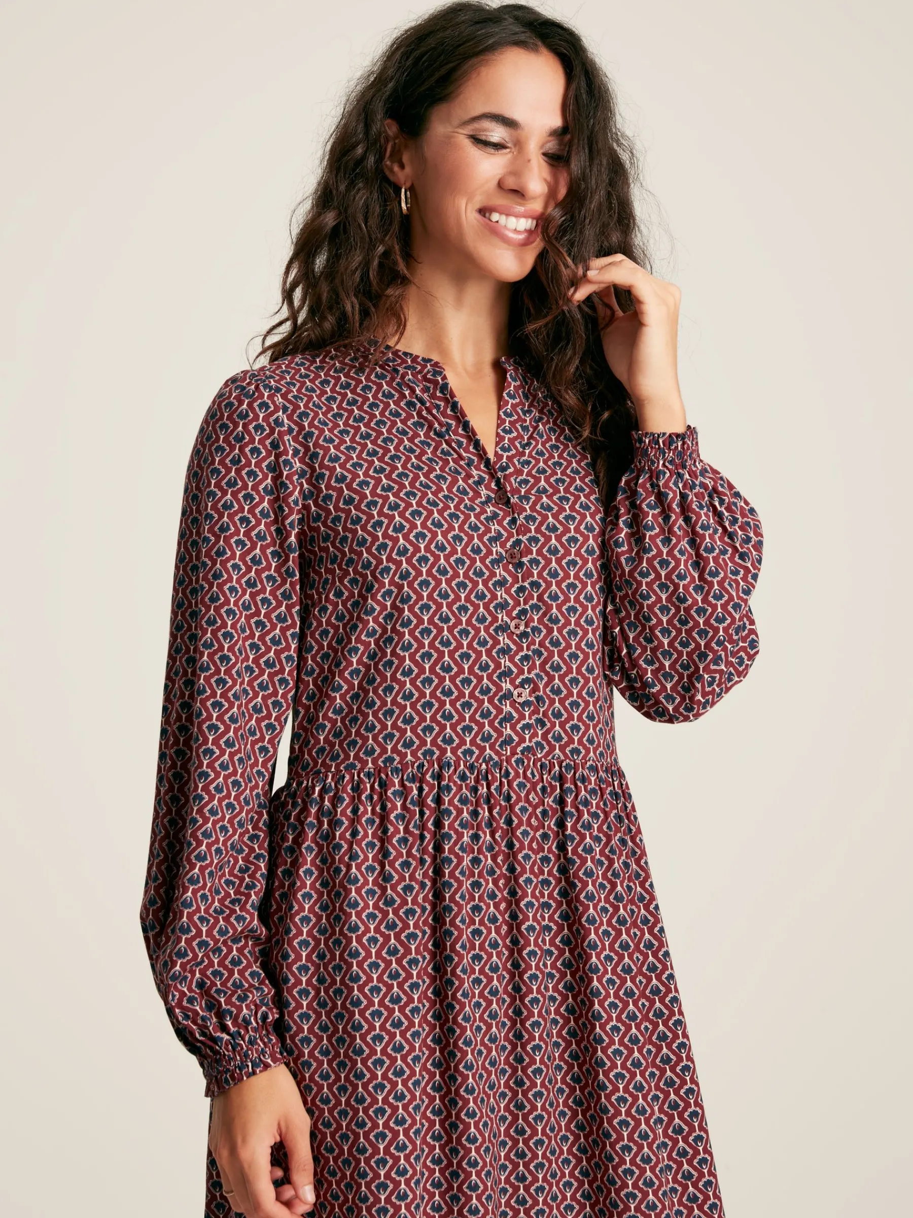 Robyn Burgundy Red Balloon Sleeve Midi Dress<Joules Sale