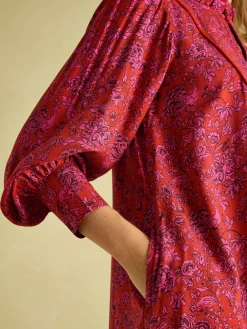 Rosette Red Floral Printed Dress with Pie Crust Neck<Joules