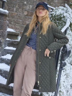 Rosewell Khaki Green Showerproof Longline Diamond Quilted Coat<Joules Outlet