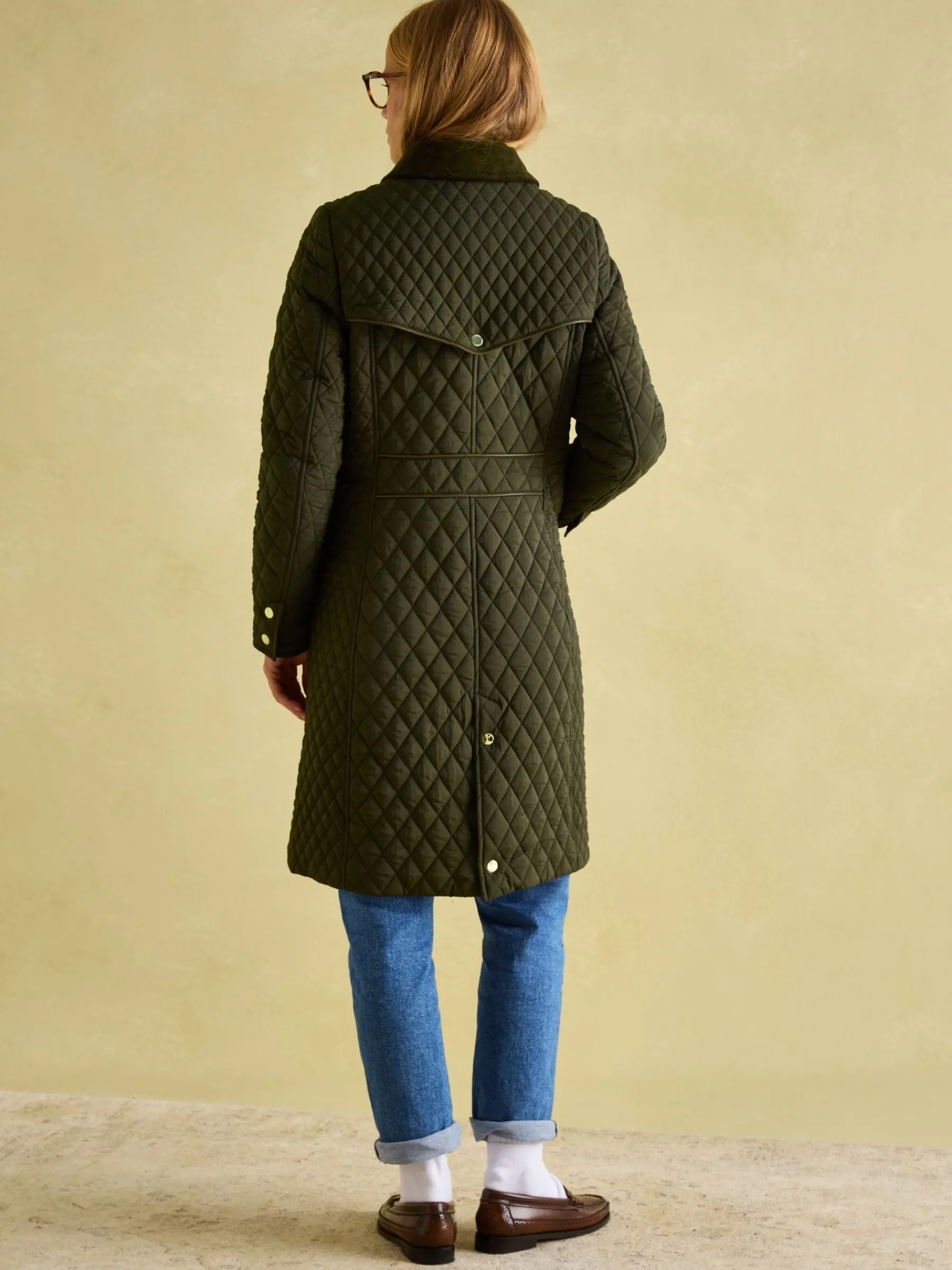 Rosewell Khaki Green Showerproof Longline Diamond Quilted Coat<Joules Outlet