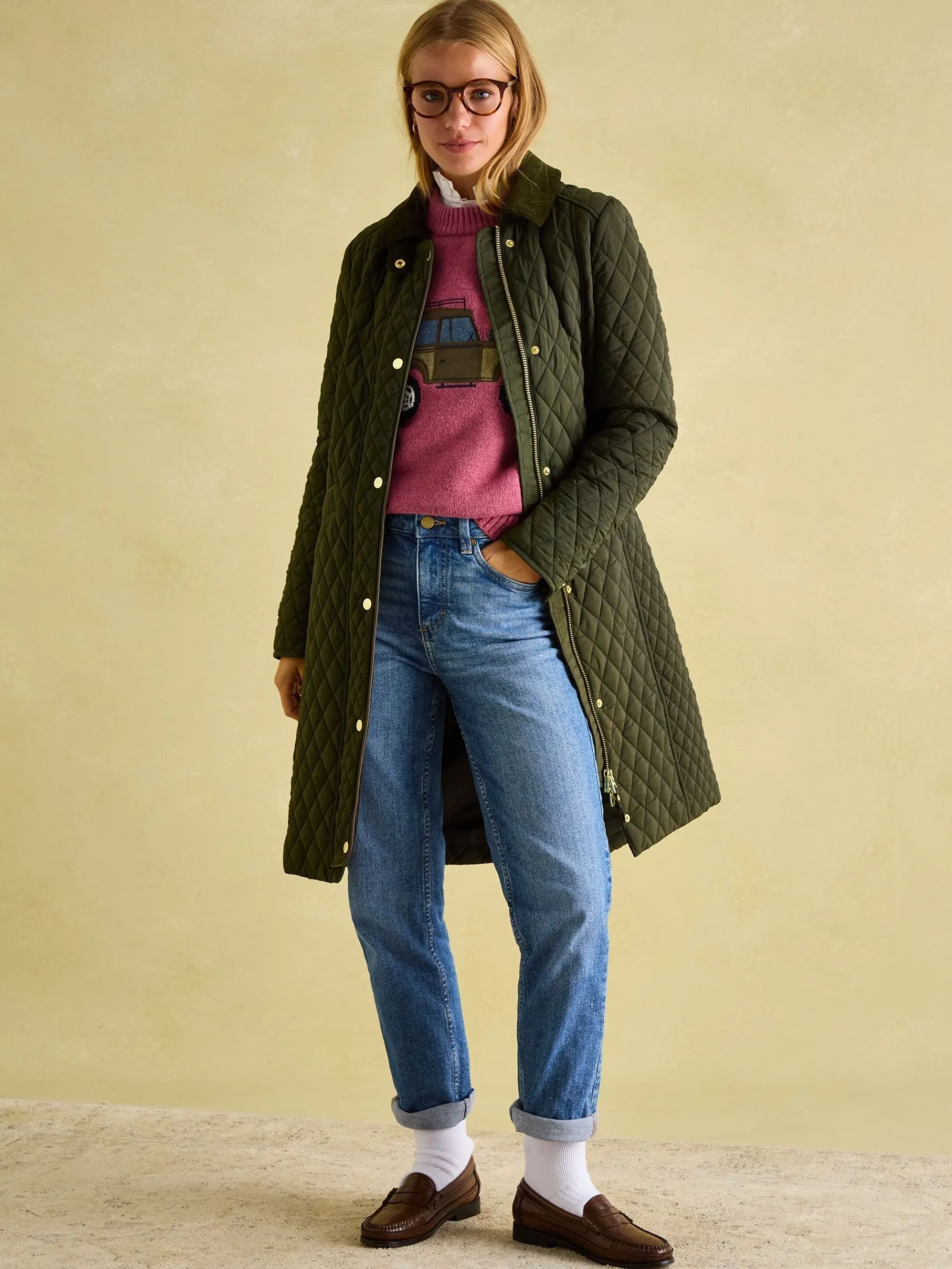 Rosewell Khaki Green Showerproof Longline Diamond Quilted Coat<Joules Outlet