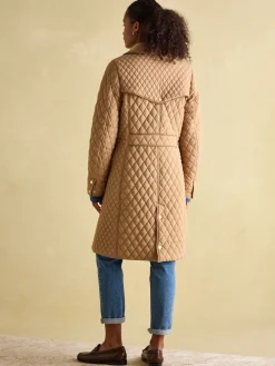 Rosewell Tan Brown Showerproof Longline Diamond Quilted Coat<Joules